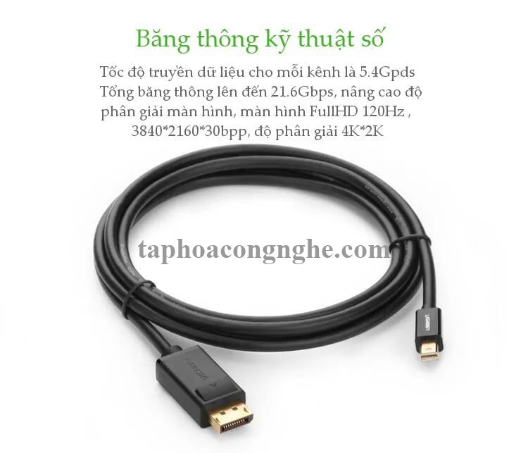 Ugreen 10434 3M Màu Đen Cáp chuyển đổi Mini DP sang DisplayPort hỗ trợ phân giải 4K x 2K MD105 30010434